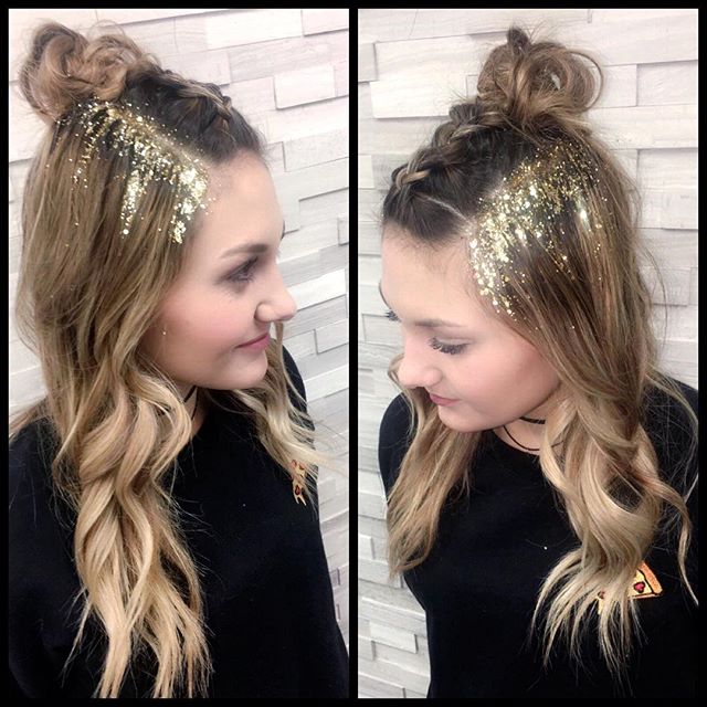 Glam up your look with glitter roots. Perfect for a night out and you can never go wrong with gold. Glitter glam hair by stylist Jessica Gossard of My Hair Therapy Sandy Luxury Hair Salon.